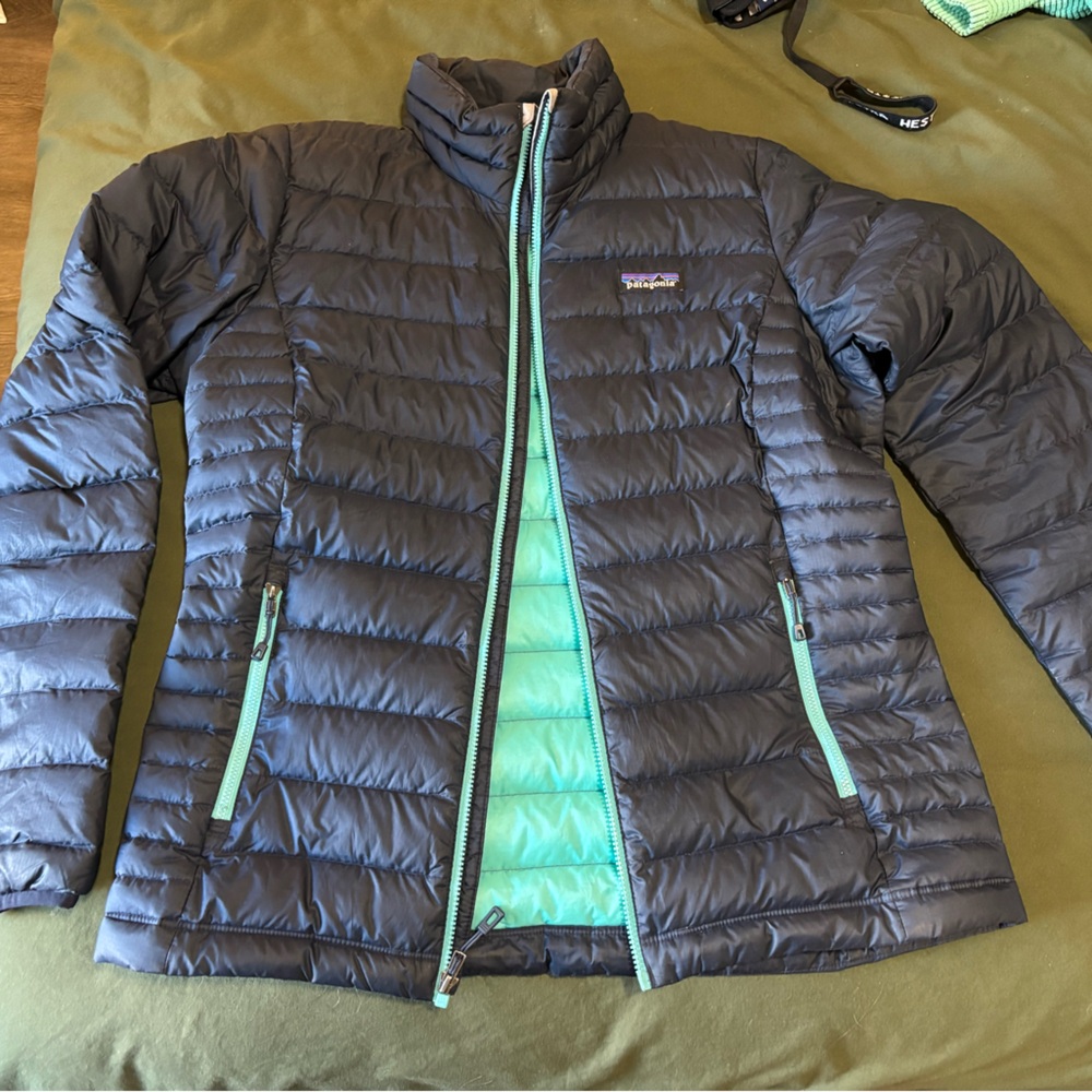 Blue Patagonia down sweater jacket